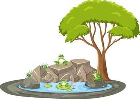 Isolated scene with many frog around the pond vector