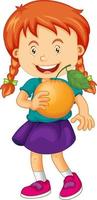 Happy girl cartoon character holding an orange vector