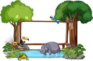 Banner vacío con animales salvajes y árboles de la selva sobre fondo blanco. vector