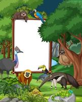 Blank banner in the rainforest scene with wild animals vector