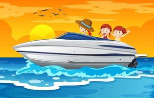 Children standing on a speed boat in beach scene vector