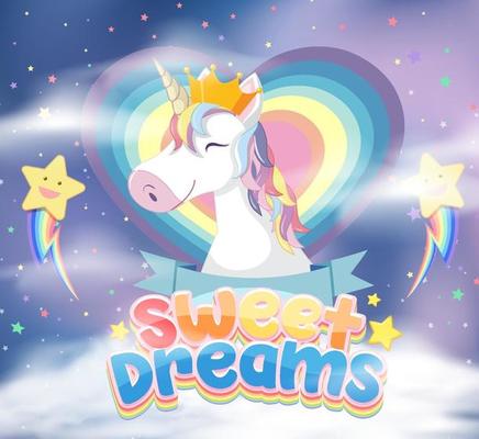 Cute unicorn cartoon character with sweet dreams symbol in the sky