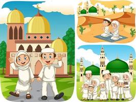 Set of muslim people cartoon character in different scene vector