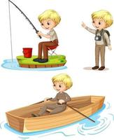 Cartoon character of a boy in camping outfits doing different activities vector