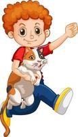 Happy boy cartoon character hugging a cute cat vector