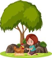 Isolated scene with a girl playing with a chicken vector