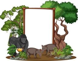 Banner vacío con animales salvajes y árboles de la selva sobre fondo blanco. vector