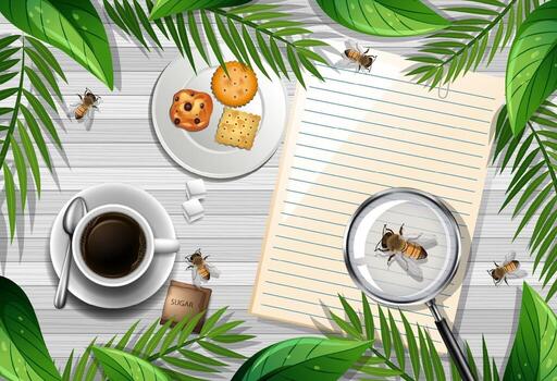 Empty note on the table with bee and coffee vector
