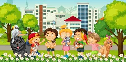 Group of children playing with their pet in the park scene vector