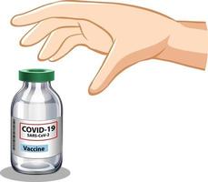 Hand trying to grab covid-19 vaccine on white background vector