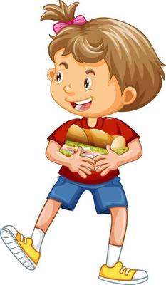 Happy girl cartoon character hugging food sandwich