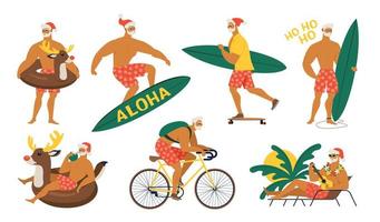 Summer Santa Claus in shorts on beach vector set. Cute cartoon character for Christmas design isolated on background.