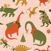 árbol de la fiesta de navidad dino rex. dinosaurio con sombrero de santa decora luces de guirnalda de árbol de navidad. ilustración vectorial de personaje divertido en estilo plano de dibujos animados. vector