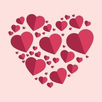 corazones suavemente rosa-rojo en forma de un gran corazón sobre un fondo rosa vector