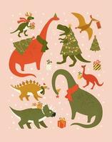 fiesta de navidad con dinosaurios festivos. dinosaurios con sombrero de santa decoran luces de guirnaldas de árboles de Navidad. vector lindos personajes de invierno.