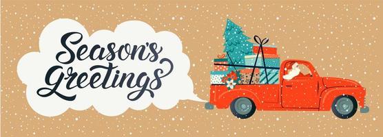 Merry christmas stylized typography. Vintage red car with santa claus, christmas tree and gift boxes. Vector flat style illustration.