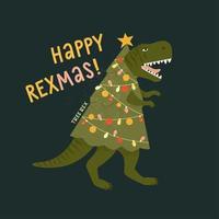 Tyrannosaurus Christmas Tree Rex Card. Dinosaur in Santa hat decorates Christmas tree garland lights. Vector illustration of funny character in cartoon flat style.