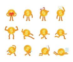 dollar coin man in different poses, love, stand, confused, idea, strong, walk, run, tired and many more vector