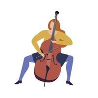 Woman musician playing violoncello cartoon funny illustration in vector.