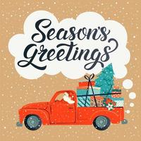 Feliz Navidad tipografía estilizada. coche rojo vintage con santa claus, árbol de navidad y cajas de regalo. ilustración de estilo plano de vector. vector