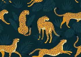 Leopard pattern with tropical leaves. Vector seamless texture.