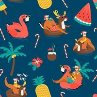 Navidad de patrones sin fisuras con lindos animales divertidos de santa claus con renos y anillo inflable de flamencos. navidad tropical. ilustración vectorial. vector