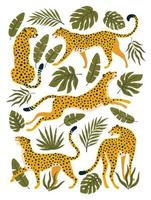Vector set of leopards or cheetahs and tropical leaves. Trendy illustration.