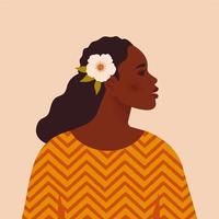 Beautiful black woman. Young african american. Portrait of young woman with beautiful face and hair. Side view. Isolated on a beige background. vector