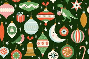 Merry Christmas and New Year card with various of Christmas toys and present in in retro mid century modern style. Winter holidays seamless pattern in vector.