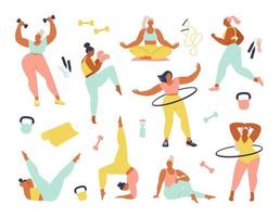 actividades para mujeres de diferentes tallas, edades y razas. conjunto de mujeres que hacen deporte, yoga, jogging, saltos, estiramientos, fitness. deporte mujer vector ilustración plana aislada sobre fondo blanco.