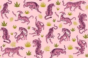 Pink tigers and tropical leaves. Vector seamless pattern with cute tigers on background. Fashionable fabric design.