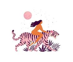 Tiger and a women inspirational poster. Love yourself 8 of march greeting card. vector
