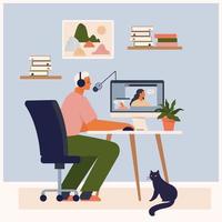 Stay at home, recording podcast show. Male radio host speaking into microphone. Podcaster making content. Social media broadcasting. Blogger workspace. Cute man sitting at table vector illustration.