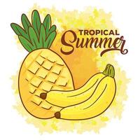 Banner de verano tropical con plátanos y piña. vector