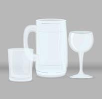 Transparent empty seidel, wine and short glasses mockups vector