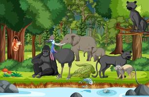 escena de la selva tropical con animales salvajes.