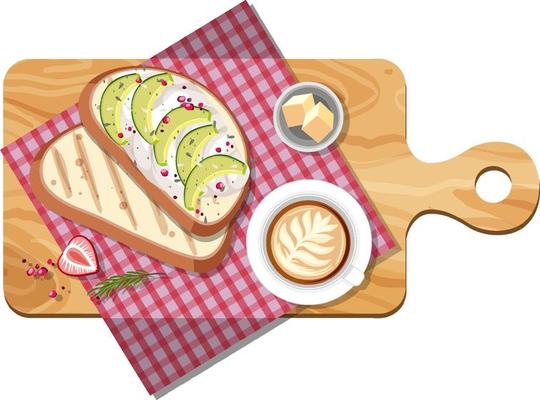 Top view of breakfast set on a cutting board isolated