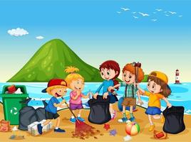 escena de playa con un grupo de niños limpiando la playa. vector