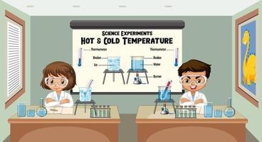 joven científico explicando experimentos científicos de temperatura fría y caliente vector