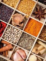 Herbs and spices in a wooden box photo