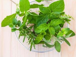 Top view of herbs in a glass bowl photo