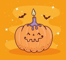 Halloween pumpkin with candle and bats flying vector