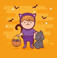 linda chica en un disfraz de gato con un gato negro para halloween vector