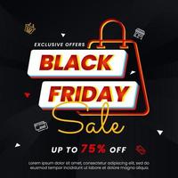 Black friday banner with light neon and bag vector