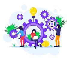 Team work concept, people putting together a series of cogs vector