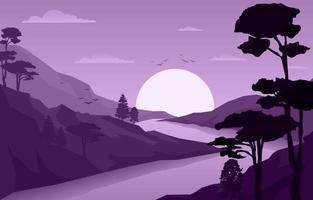 amanecer sobre ilustración de paisaje de bosque de montaña vector