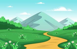 Summer Scene With Mountains and Green Field Landscape Illustration vector