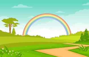 Summer Scene with Field, Trees and Rainbow Illustration