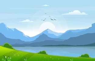 Summer Lake with Green Field Landscape Illustration