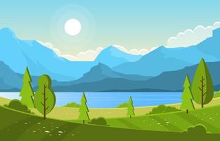 lago de verano con ilustración de paisaje de campo verde vector
